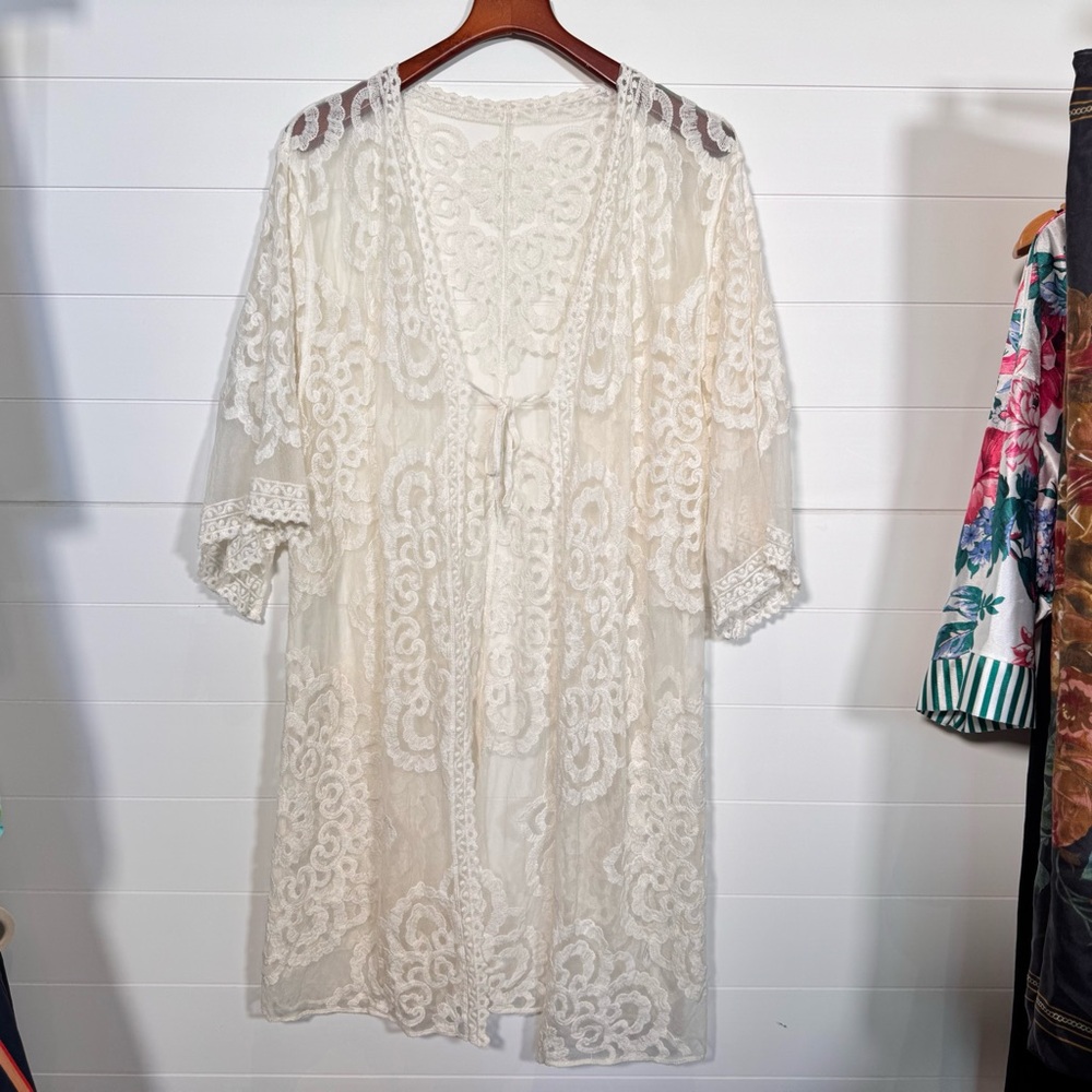 ASHA Elegant Cream Lace Long Cardigan Duster with Tie front Large